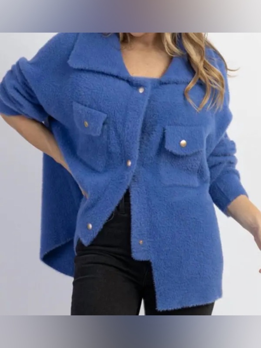 Bucket List Frankie Soft Fur Shacket In Blue